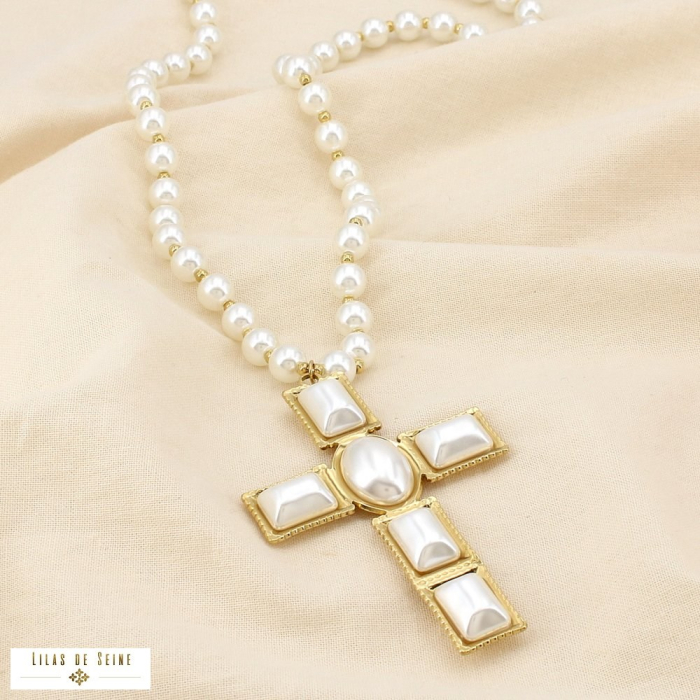 Collier sautoir croix acier perle acrylique 0125511 blanc