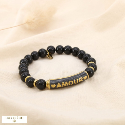 Bracelet élastique cœur AMOUR acier pierre émail 0225533 noir