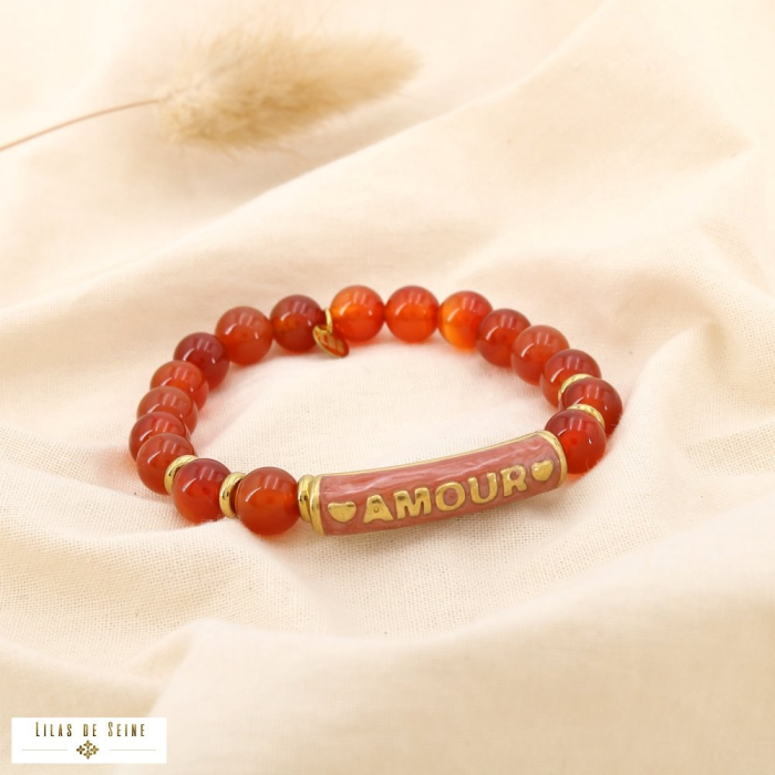 Bracelet élastique cœur AMOUR acier pierre émail 0225533 rouge