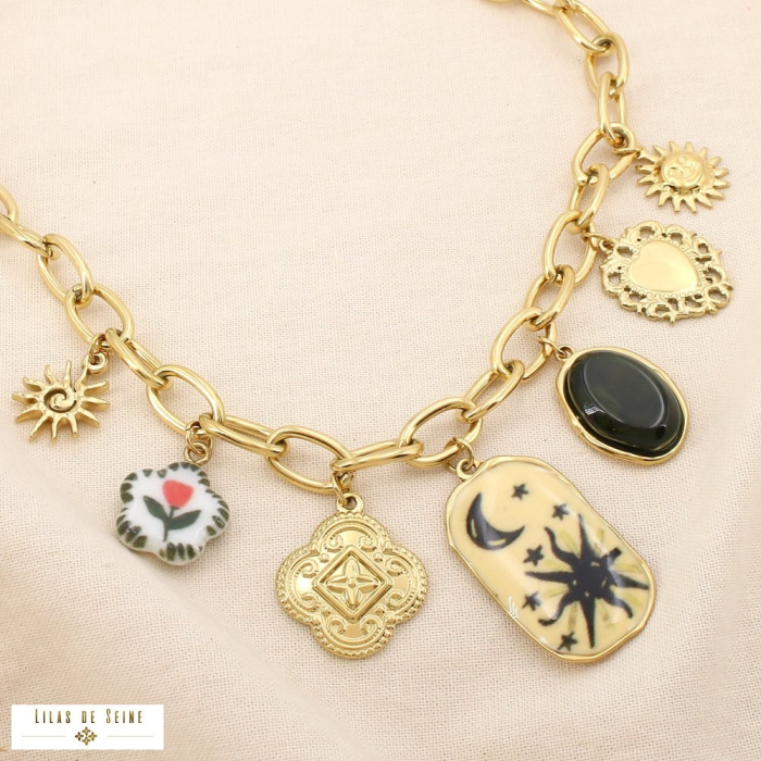 Collier breloques acier inoxydable émail résine 0125518 vert