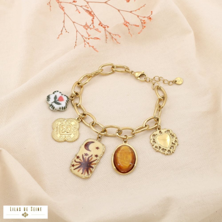 Bracelet breloques acier inoxydable émail résine 0225509 marron