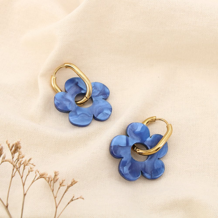 Boucles d'oreilles créoles acier inox fleur résine colorée 0325067 bleu jean