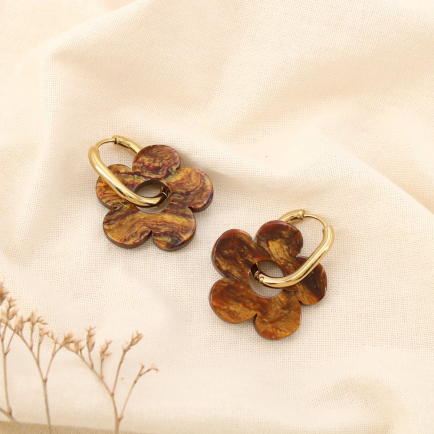 Boucles d'oreilles créoles acier inox fleur résine colorée 0325067 marron foncé
