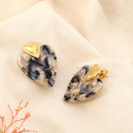 Boucles d'oreilles acier inox coeur écaille de tortue résine 0325066 gris