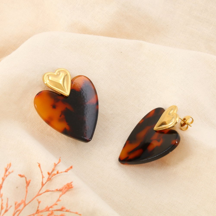 Boucles d'oreilles acier inox coeur écaille de tortue résine 0325066 marron