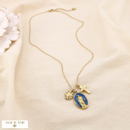 Collier acier breloques croix cœur ex-voto Vierge 0125516 bleu foncé