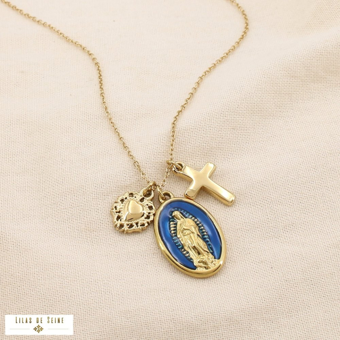 Collier acier breloques croix cœur ex-voto Vierge 0125516 bleu foncé