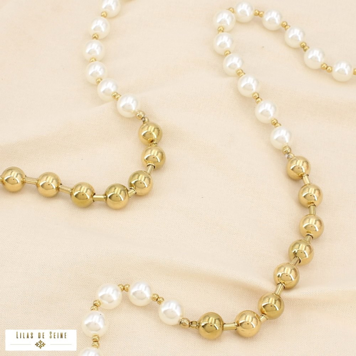 Collier sautoir perles acier inoxydable acrylique 0125512 doré