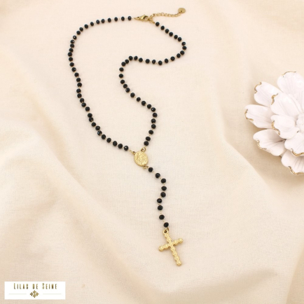 Collier acier croix Vierge Marie acrylique/cristal 0125525 noir