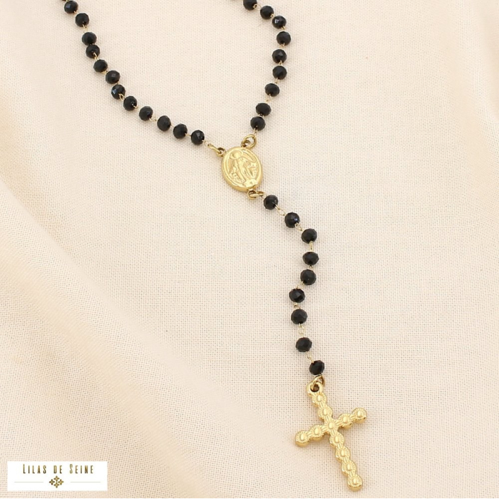 Collier acier croix Vierge Marie acrylique/cristal 0125525 noir