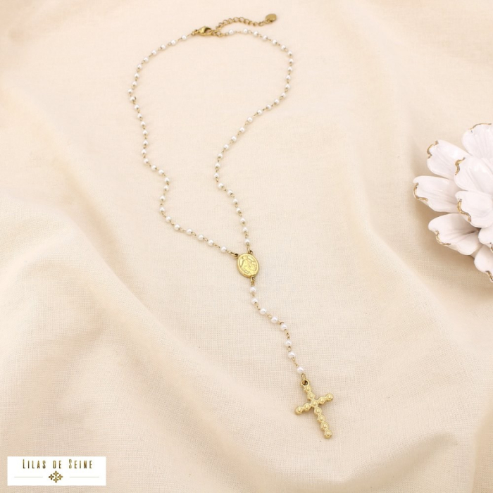 Collier acier croix Vierge Marie acrylique/cristal 0125525 blanc