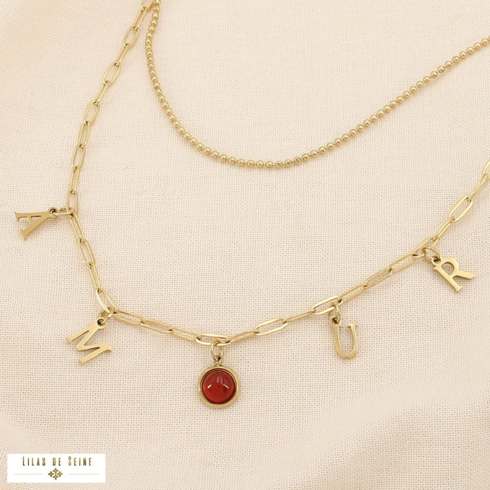 Collier double-rangs AMOUR acier pastille verre 0125517 rouge bordeaux
