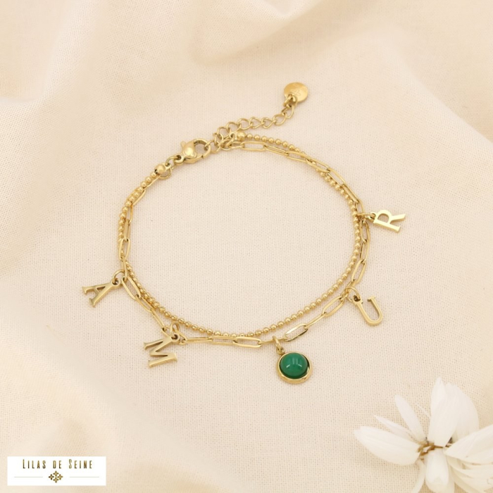 Bracelet double-rangs AMOUR acier pastille verre 0225508 vert