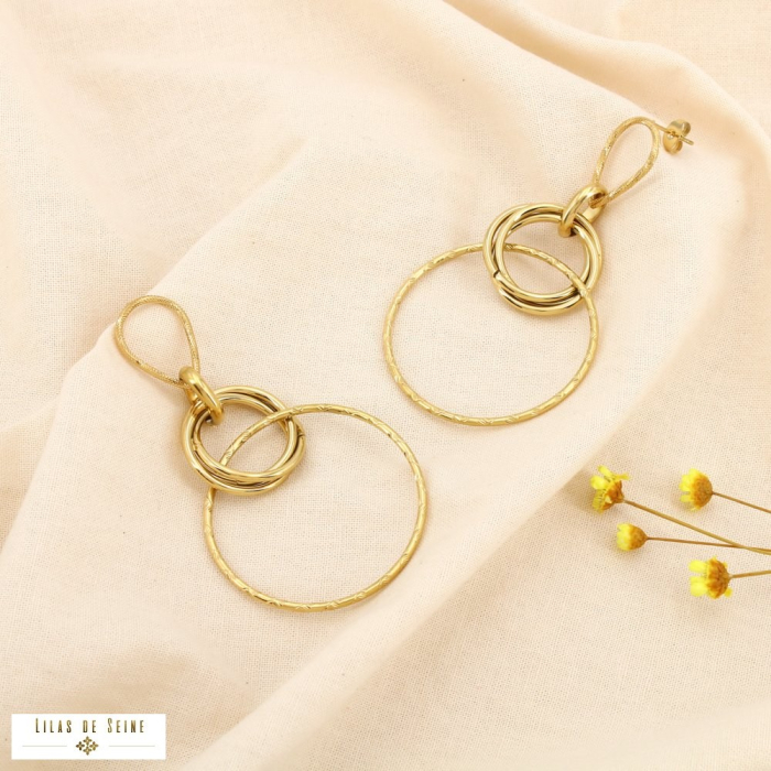 Boucles d'oreilles acier pendant anneaux entrelacés 0325545 doré