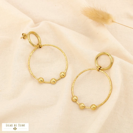 Boucles d’oreilles acier anneau martelé boule lisse 0325546 doré