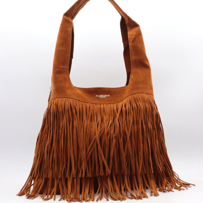 Sac porté épaule Flora&Co en simili-cuir façon daim franges décoratives 0925502 camel