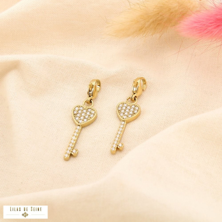 Breloque charm clé cœur acier inoxydable strass 0625506 doré
