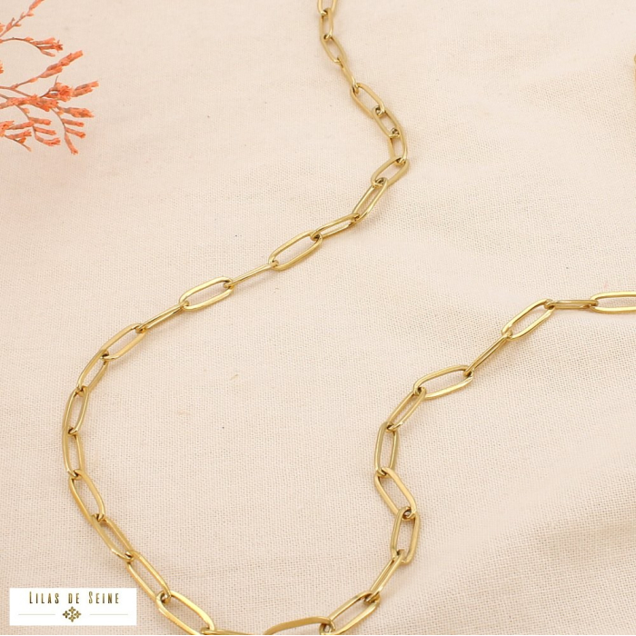 Collier sautoir chaîne acier grosse maille trombone 0125568 doré