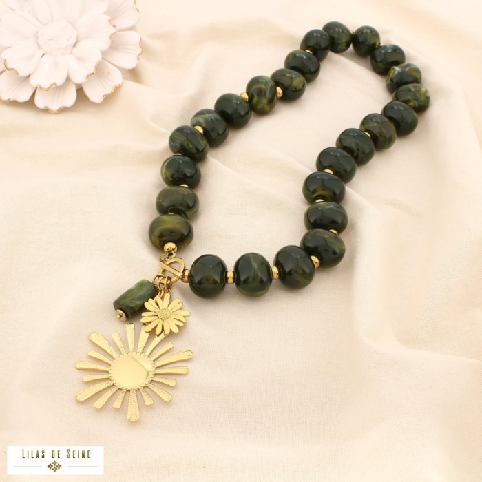 Collier acier résine marbré soleil marguerite 0125534 vert kaki