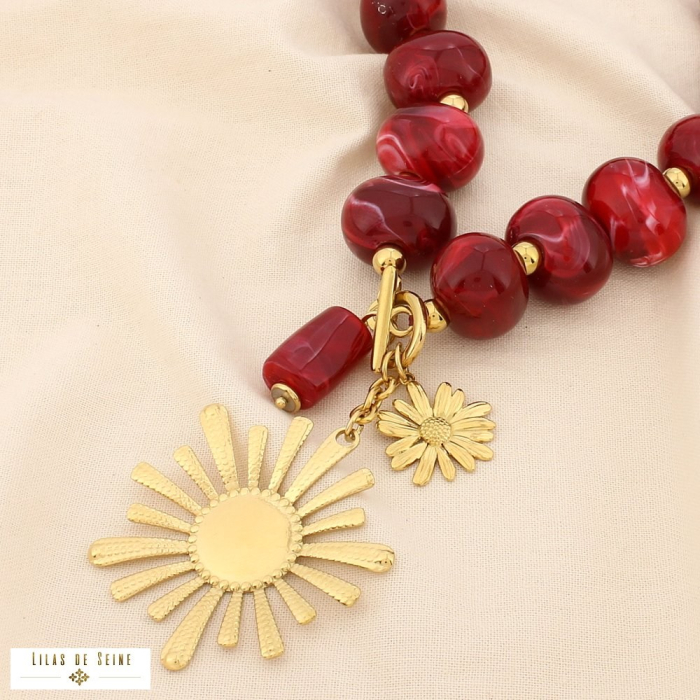 Collier acier résine marbré soleil marguerite 0125534 rouge bordeaux