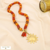 Collier acier résine tube marbré pendentif soleil 0125531 doré rose