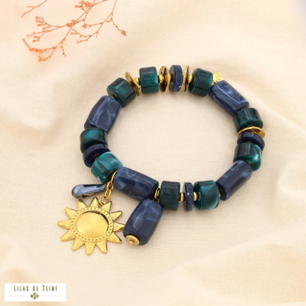 Bracelet élastique tube soleil acier résine marbré 0225517 bleu foncé