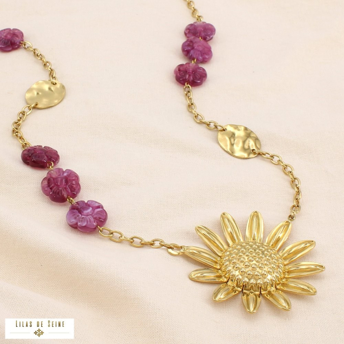 Collier acier inoxydable acrylique marbré marguerite 0125535 violet