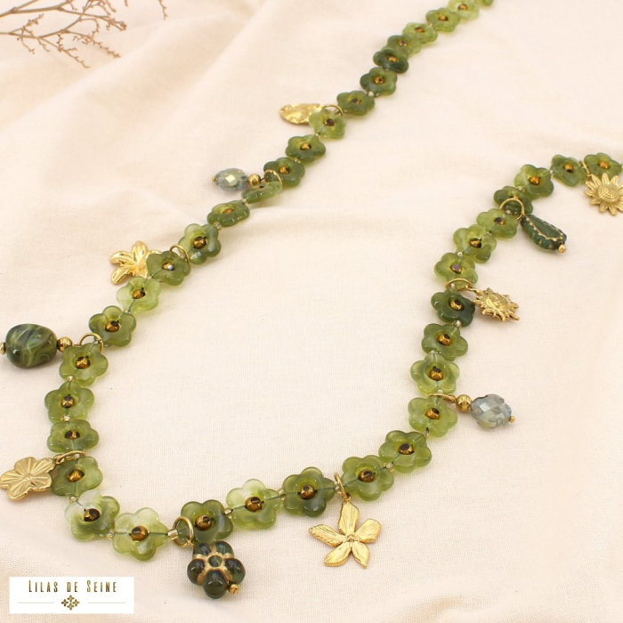 Collier marbré acier acrylique cristal charm fleur 0125536 vert kaki