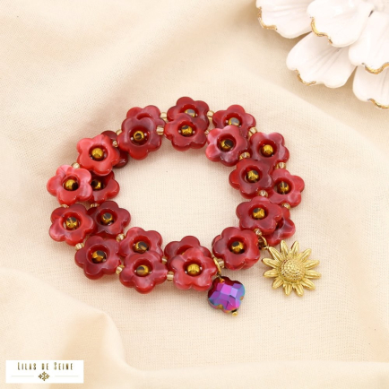 Bracelet élastique acier acrylique cristal fleur 0225520 rouge bordeaux
