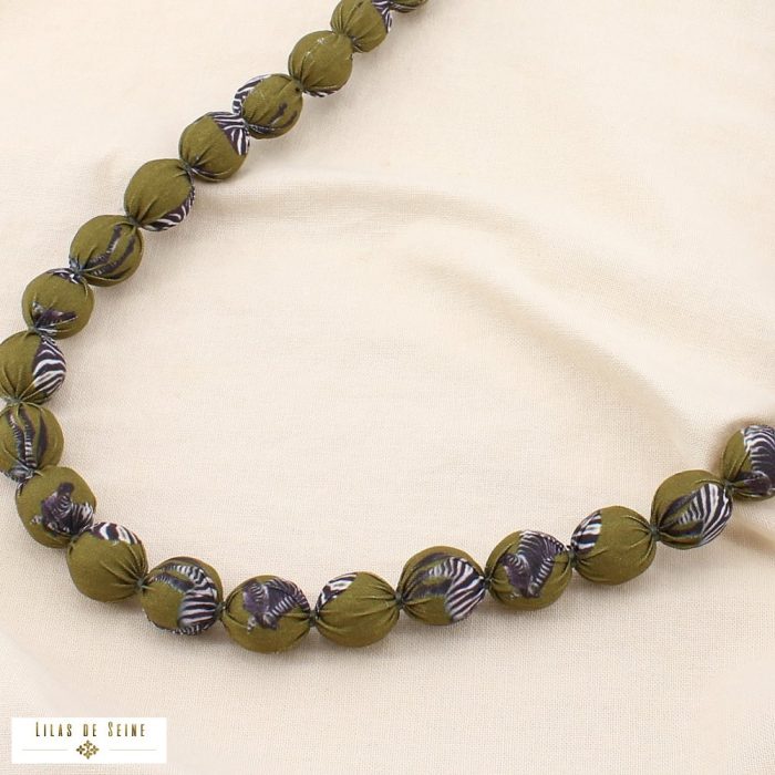 Collier sautoir acier inox polyester imprimé zèbre 0125544 vert kaki