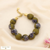 Bracelet acier inox boule polyester imprimé zèbre 0225525 vert kaki