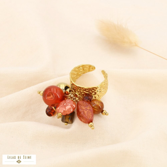 Bague ouverte bohème acier pampilles acrylique verre 0425516 marron
