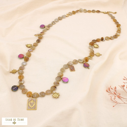 Collier acier acrylique marbré abeille astral coeur 0125530 naturel/beige