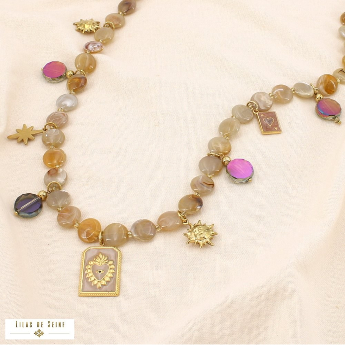 Collier acier acrylique marbré abeille astral coeur 0125530 naturel/beige