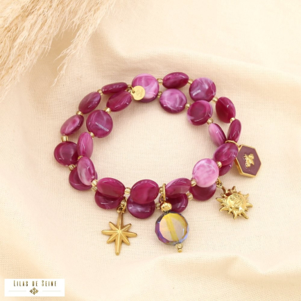 Bracelet élastique acier acrylique cristal breloque 0225516 violet
