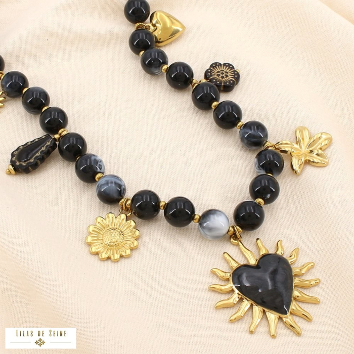 Collier bohème acier émail acrylique breloque 0125533 noir