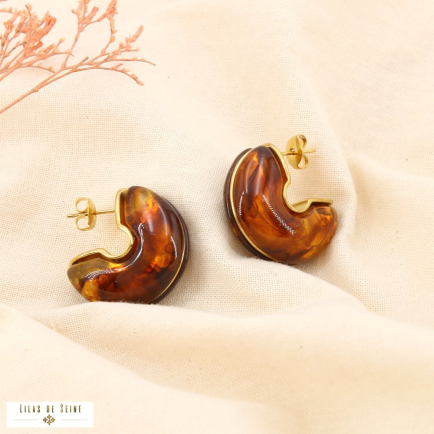 Boucles d’oreilles acier résine marbré demi-créoles 0325536 marron