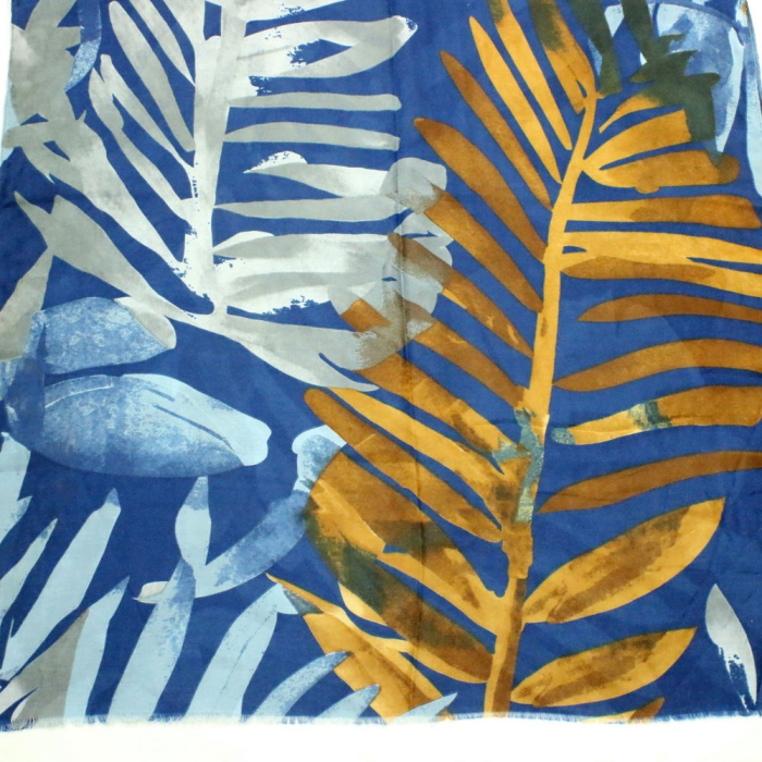 Foulard coloré imprimé feuillage viscose coton 0725504 bleu