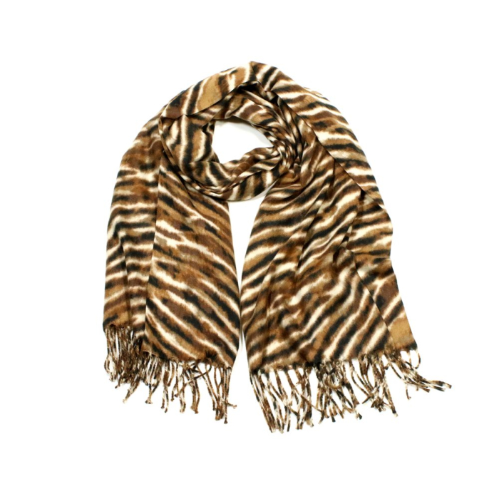 Foulard imprimé motif tigre franges viscose laine 0725506 marron