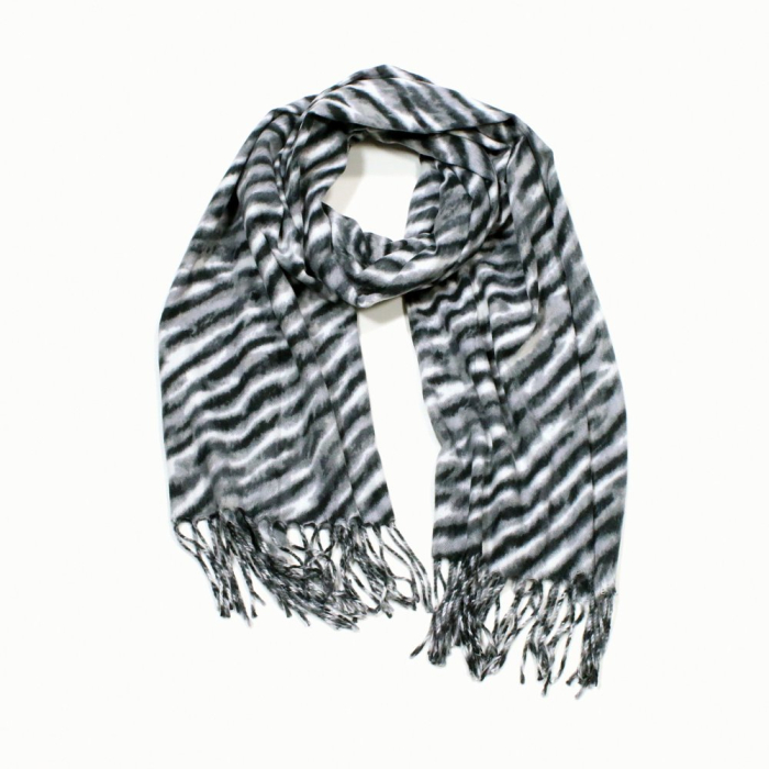 Foulard imprimé motif tigre franges viscose laine 0725506 gris foncé