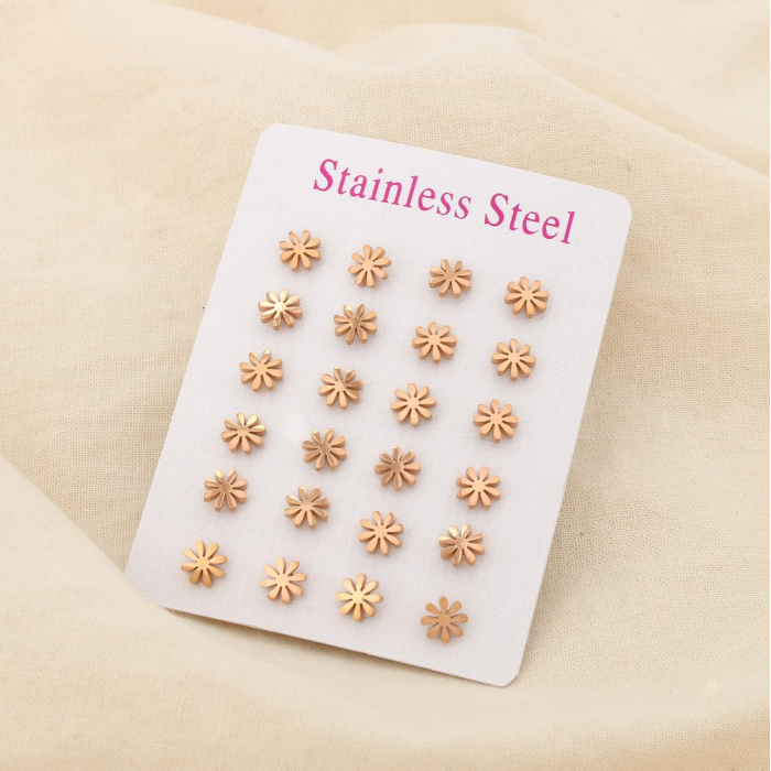 12 paires de puce d'oreilles fleur acier inoxydable 6mm 0319522 doré rose