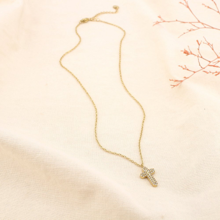 Collier acier inoxydable strass pendentif croix 0125577 doré