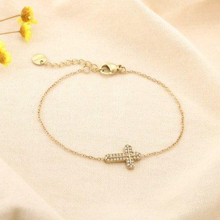 Bracelet acier inoxydable strass pendentif croix 0225577 doré