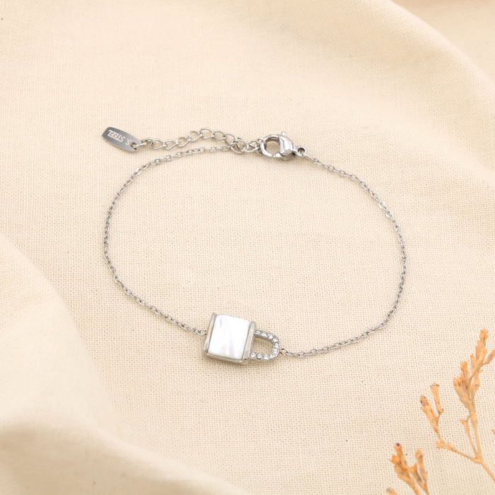 Bracelet cadenas acier inoxydable nacre strass 0225584 argenté