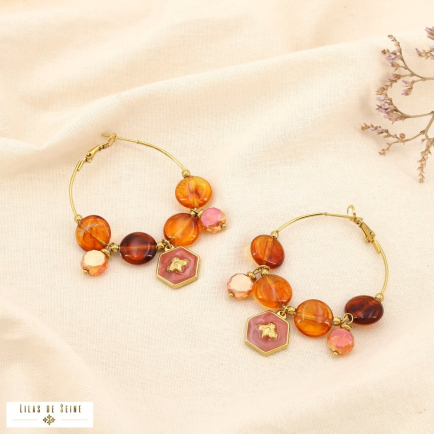 Boucles d’oreilles créoles abeille acier résine 0325537 marron