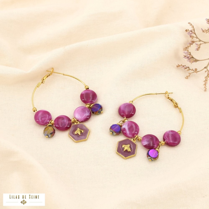 Boucles d’oreilles créoles abeille acier résine 0325537 violet