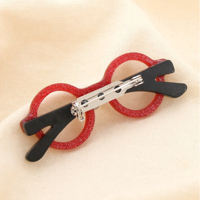 Broche lunettes résine paillette épingle métal 0525504 rouge bordeaux