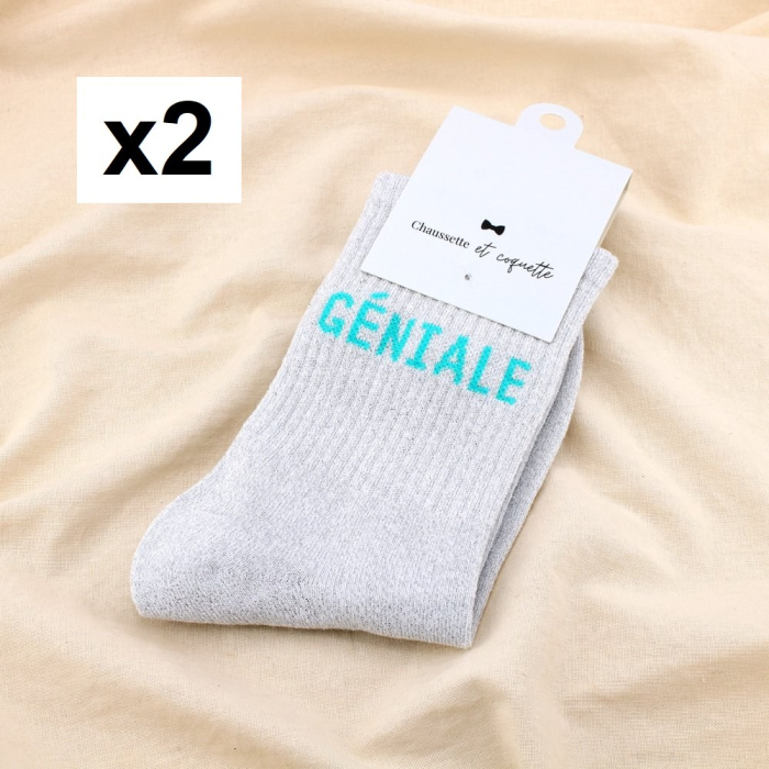 2 paires chaussettes à paillettes message GÉNIALE 0625535 argenté