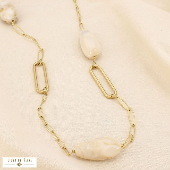 Collier sautoir acier résine marbré maille allongée 0125570 naturel/beige
