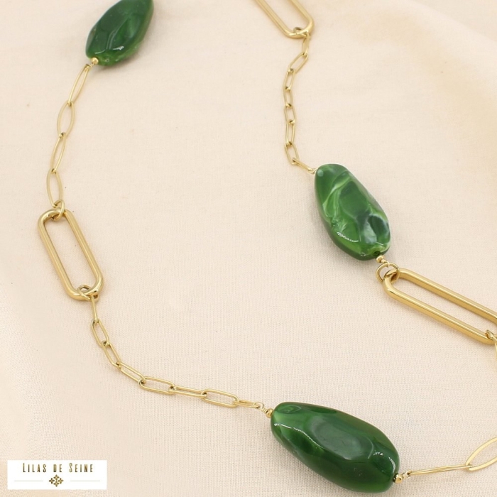 Collier sautoir acier résine marbré maille allongée 0125570 vert foncé